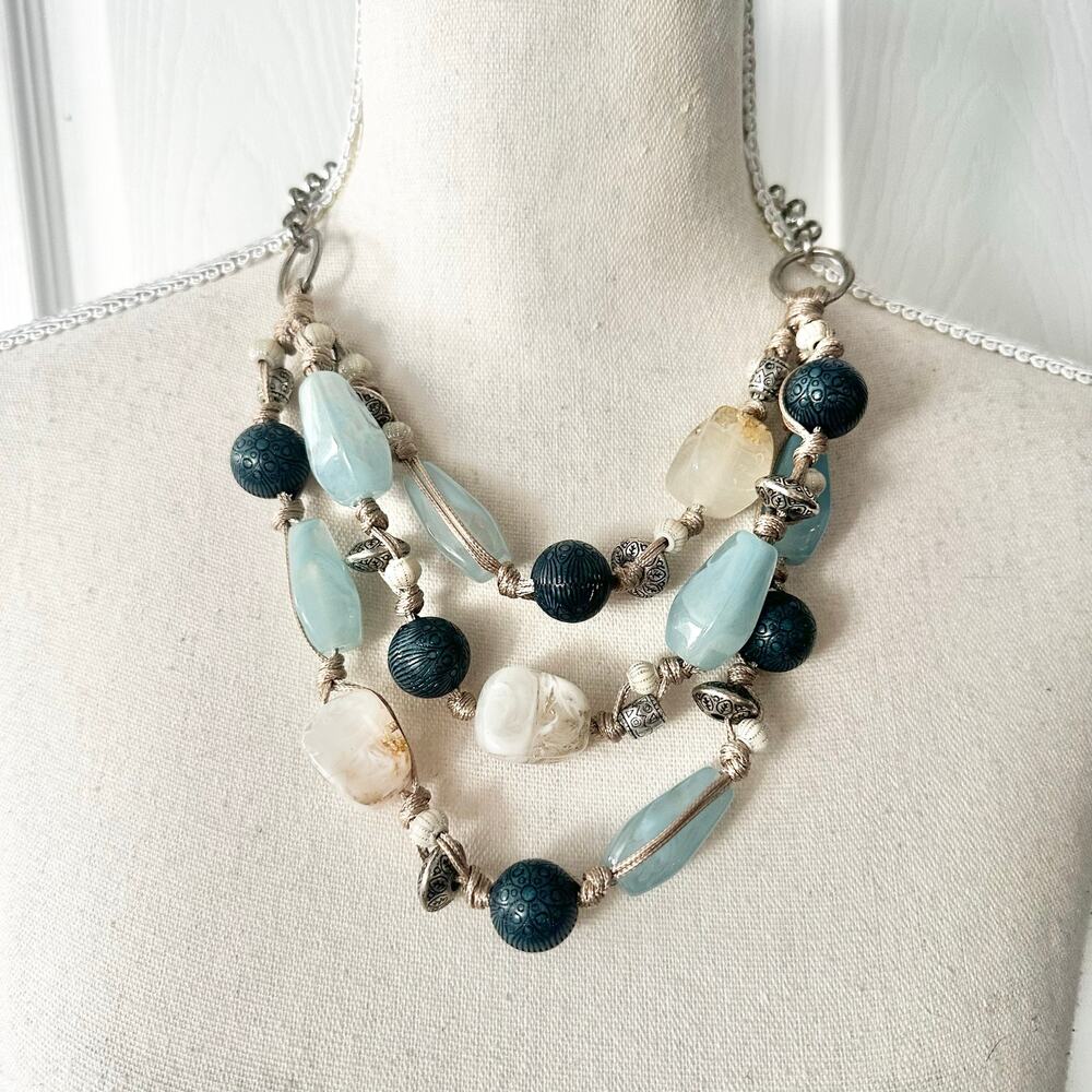 Chico's Triple Strand Large Blue Gem Stone Acrylic Chunky Statement Necklace